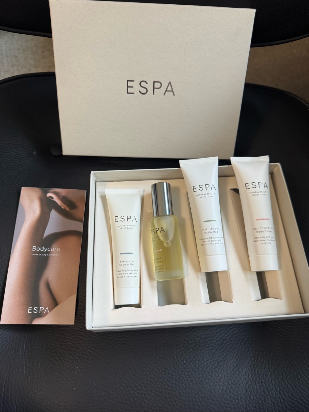 ESPA travel skincare box set body butter, scalp mud, Triserum, shower gel NEW